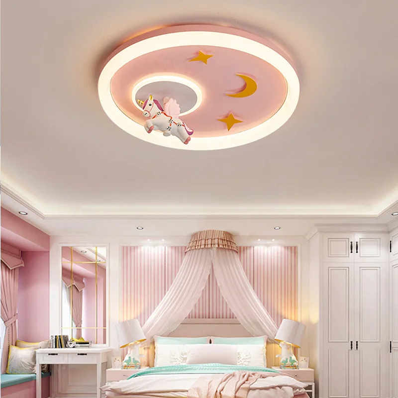 Pink Children\'s Room Ceiling Lights LED Girl Bedroom Light Flying Unicorn In The Air Modern Creative Princess Room Ceiling Lamps