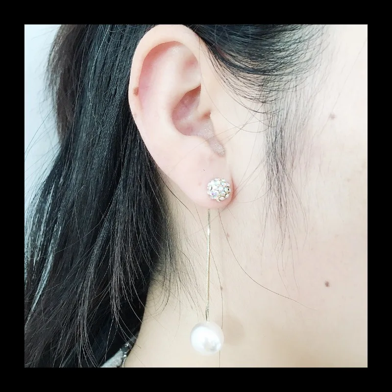 S925 الفضة إبرة الذهب اللؤلؤ أقراط طويلة مهدب الأذن خط مليئة بالماس AB اللون مزدوج ارتداء مزاجه بسيط علاج #4