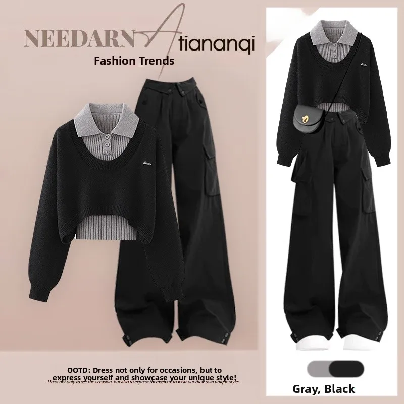 

Faionable Knitted Sweater Collar Vest And Slimming Workwear Pants Tee Piece Set for Women Autumn Vintage Sle Ensemble