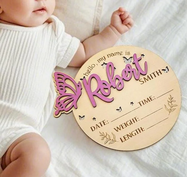 1Pc Custom Butterfly Birth Announcement Wooden Name Plaque,Home Room Office Wall Door Decor,DIY Paintable,Birthday Wedding Gift
