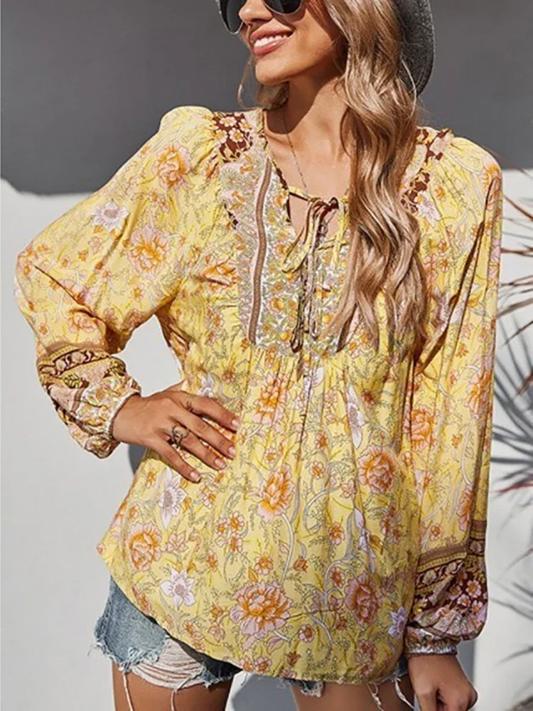 Top con maniche a lanterna vintage Abbigliamento femminile Camicetta con stampa bohémien Donna Lace Up Primavera Autunno Blusas Femme Camicie Novità