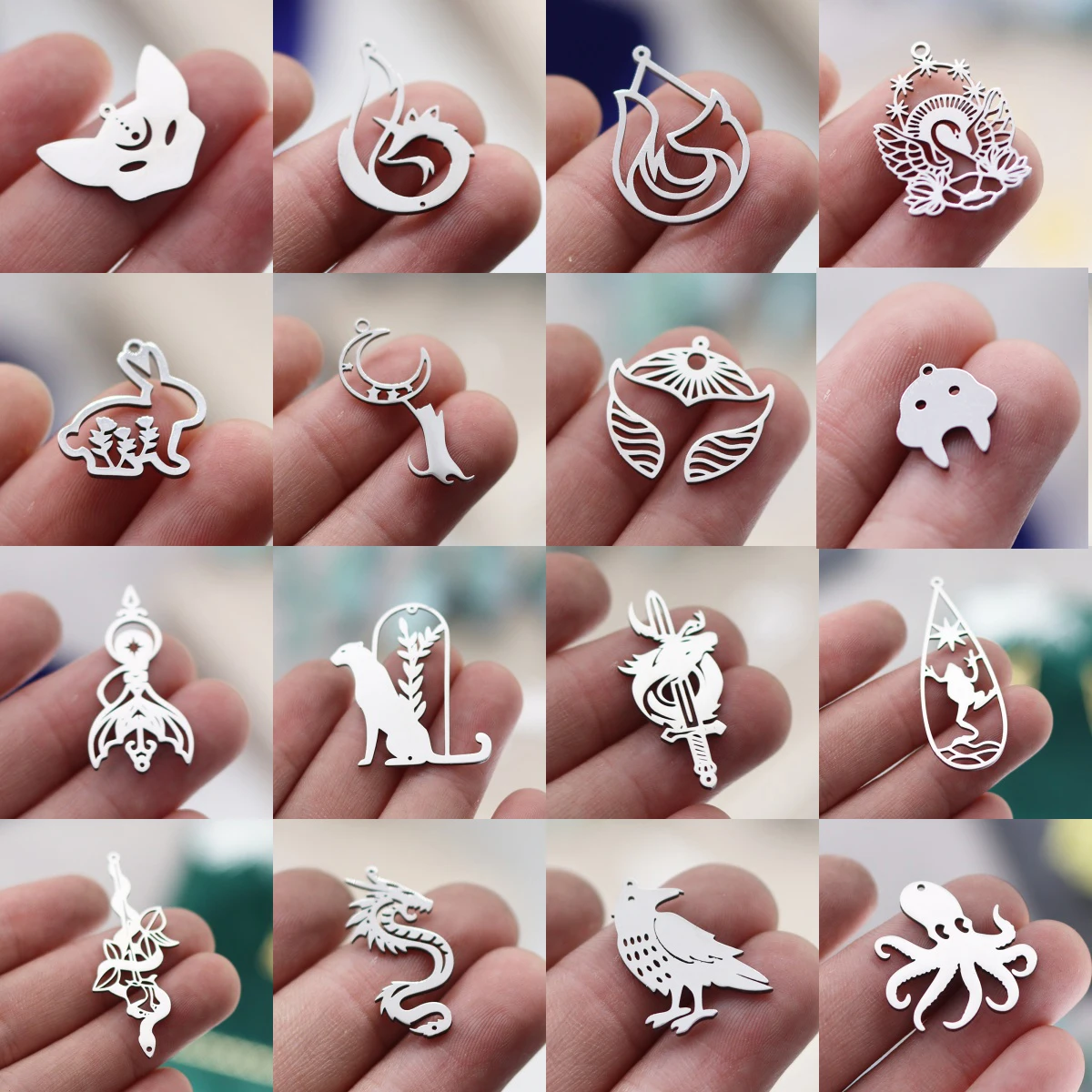 3szt Stal tytanowa Charms Fox Rabbit Cat Swan Dragon Snake Bird Octopus Tail DIY Craft Bransoletki Biżuteria Tworzenie wisiorków dla zwierząt