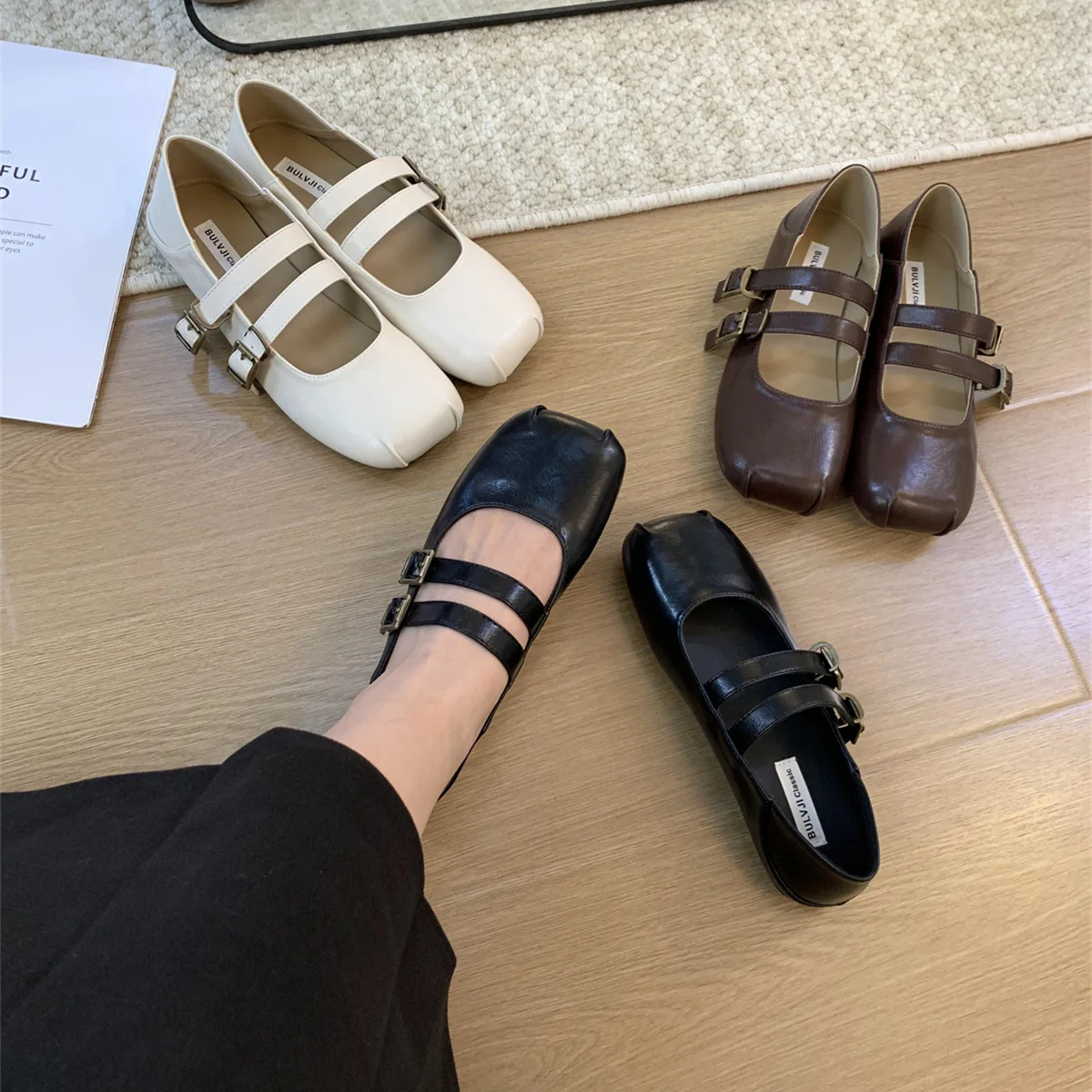 Summer Shoes Ladies Black Flats Female Footwear Soft Square Toe 2024 New Dress Retro Spring Mary Janes Flat Black Shoes For Wome