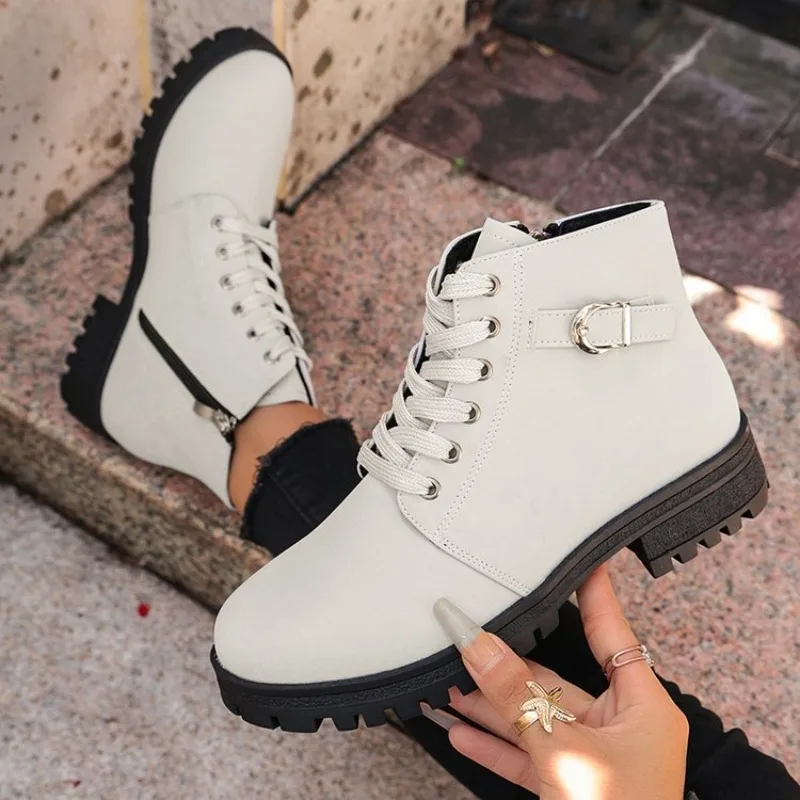Women's Ankle Boots Round Toe Low Block Heel Leather-Look Smooth Upper Lace-Up Side Zip Buckle Details Chunky Lug Sole Footwear
