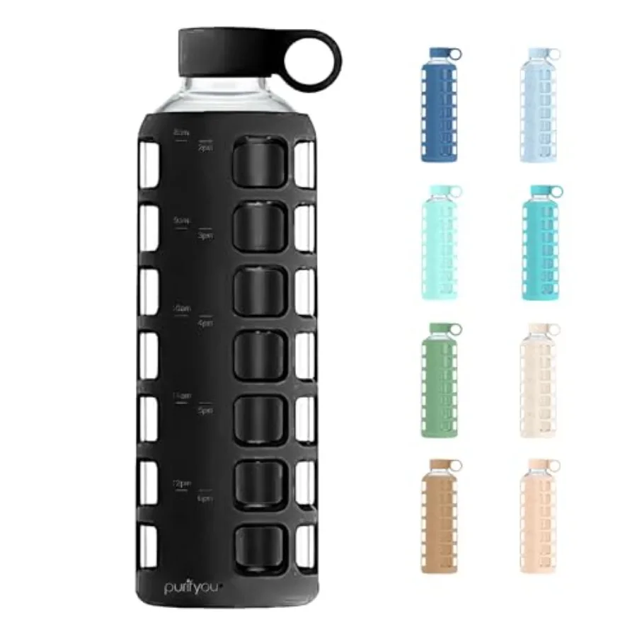 

Borosilicate Glass Water Bottle with Time and Volume Markers Silicone Sleeve Stainless Steel Lid Reusable Glass Bottle for Wate