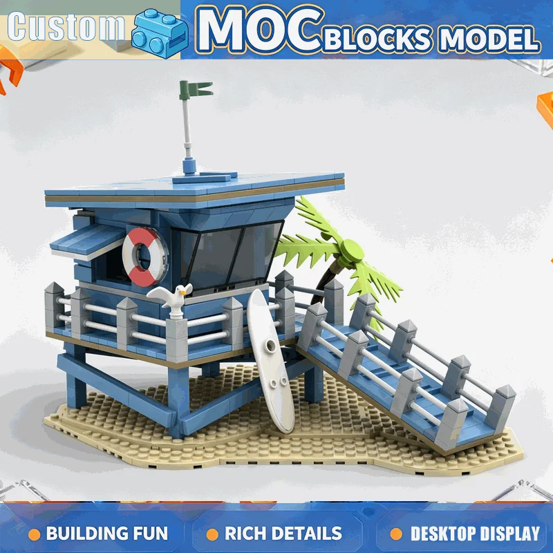 611PCS Beach Lifeguard Tower MOC Building Blocks Seaside Watch Hut Surfboard Palm Model DIY Creative Assembly Toy Popular Gift
