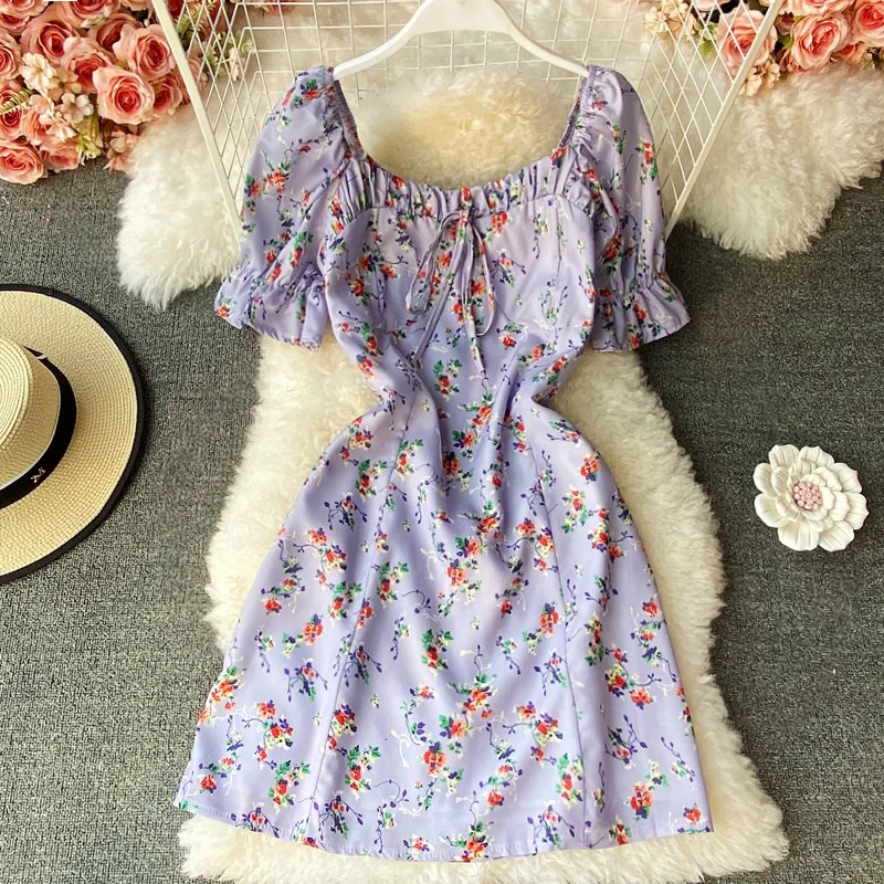 보라색 꽃 프린트 짧은 드레스 여성 여름 부드러운 빈티지 첫사랑 티 브레이크 민들레 드레스 스퀘어 칼라 a 라인 스커트