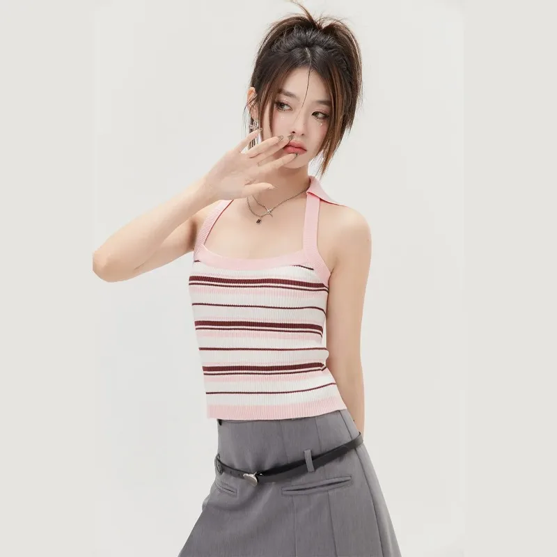 Women Y2K Striped Knit Halter  Top Sleeveless Slim Summer Cami Top