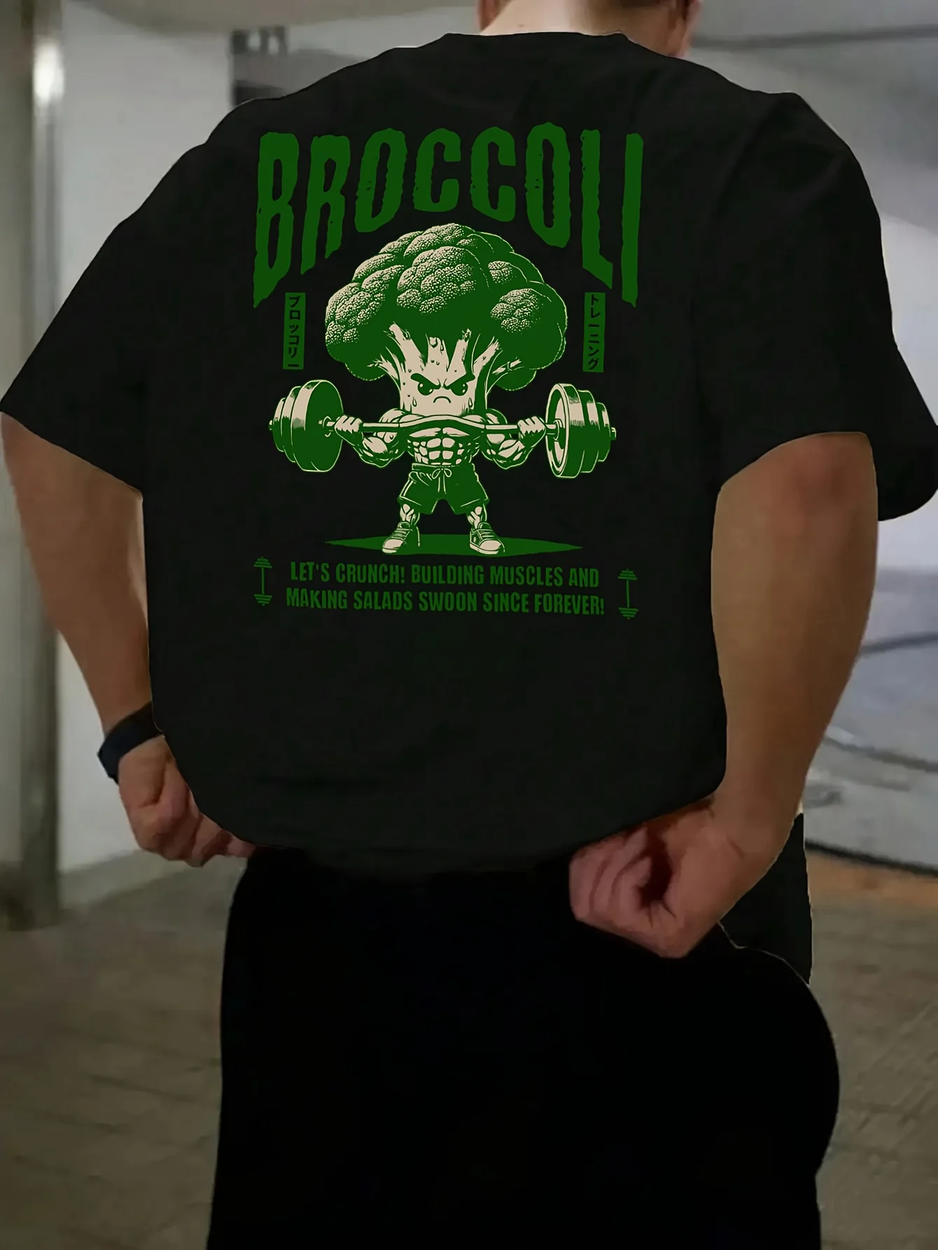 Stylish 100 Cotton Mens T shirt Featuring Green Broccoli Gym Character Ideal for Summer Urban Style and Workouts