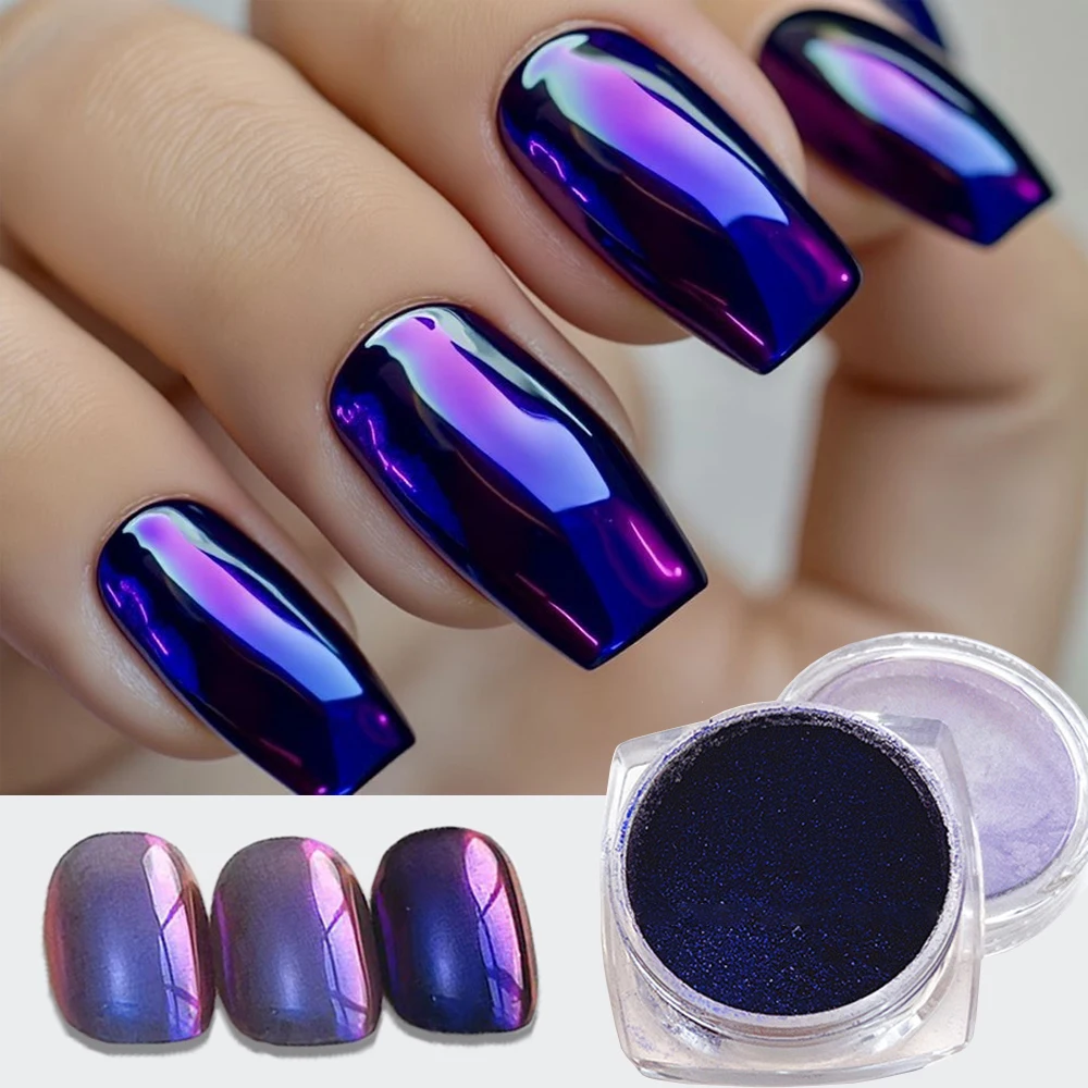 

1Jar Blue Purple Chrome Chameleon Aurora Nail Powder 0.3g Holographic Metallic Effect Nail Rubbing Dust Gel Nail Polish Pigment
