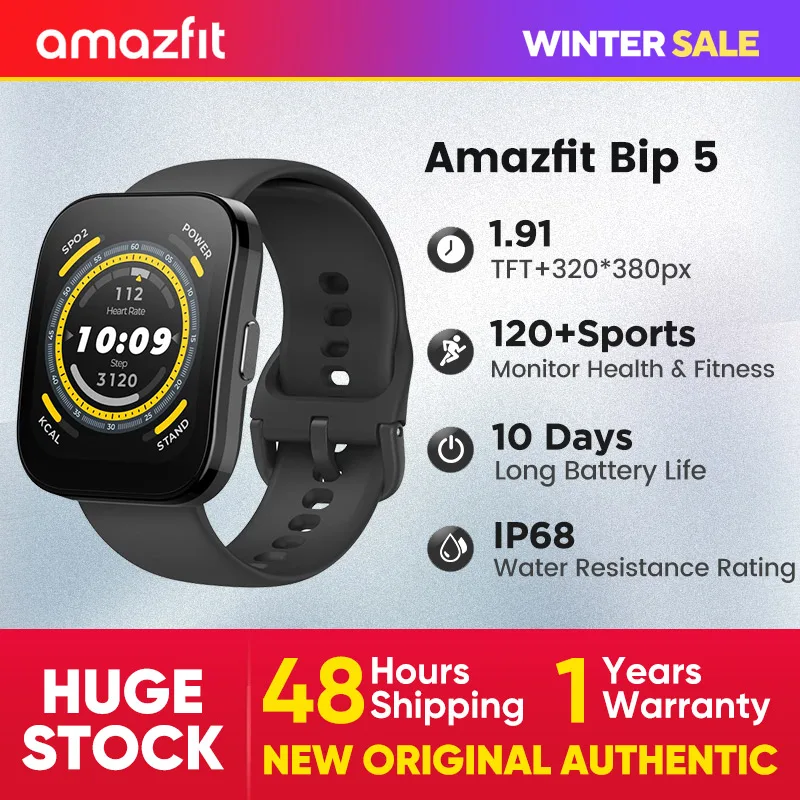 Amazfit Bip 5 Smartwatch 1.91'' LCD Touchscreen 120+ Sport Modes 10 Days Battery Life Bluetooth Call Download APPs Zepp OS 2.0