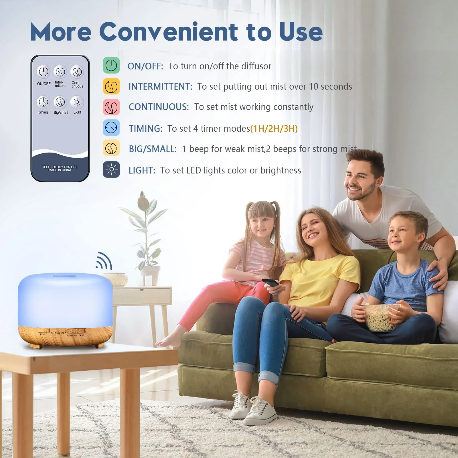 500ML 아로마 디퓨저(6가지 오일 옵션), 5V 2A 에센셜 오일 아로마테라피 디퓨저 가습기(리모컨 포함)