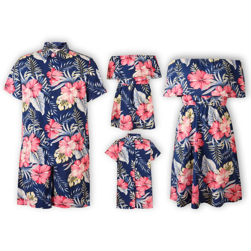 Sommer Familie Urlaub Passenden Outfit Set Eltern-kind-Outfit Gedruckt T-Shirt Mit Shorts Blumen Kleid Papa Mutter Kinder Kleidung