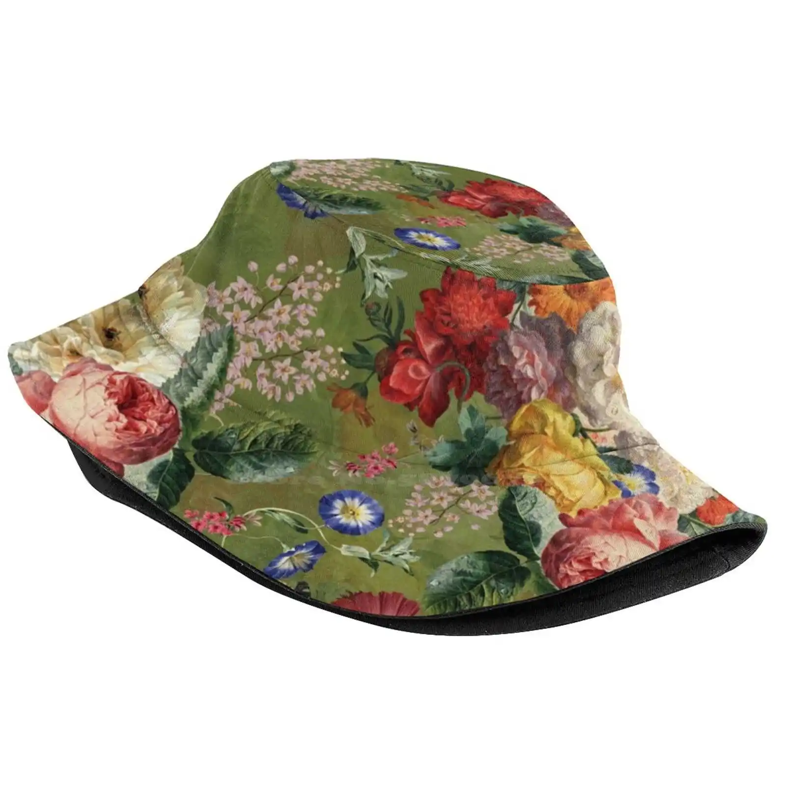 Dutch Baroque Flower Botanical Garden Pattern Green Sun Cap Fisherman Hat Bucket Hats Pattern Flower Floral Botanical Bloom