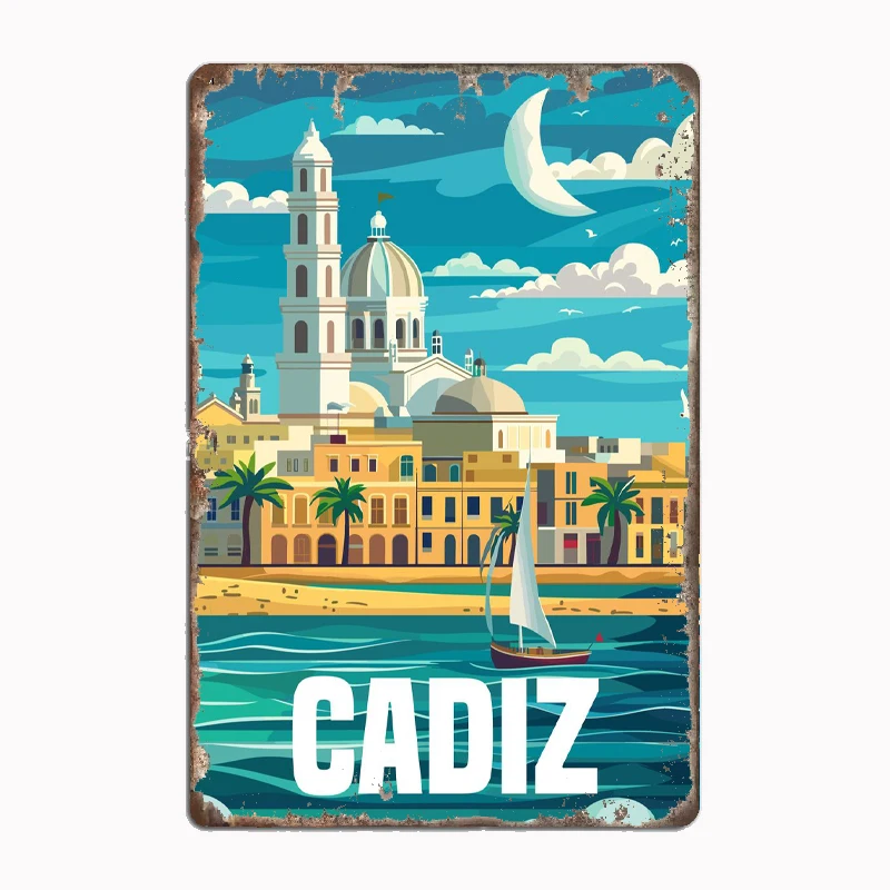 Póster de viaje de Cádiz España, cartel de placa de Metal, Club, hogar, Bar, cueva, placas clásicas, letrero de estaño, decoración de pared de habitación