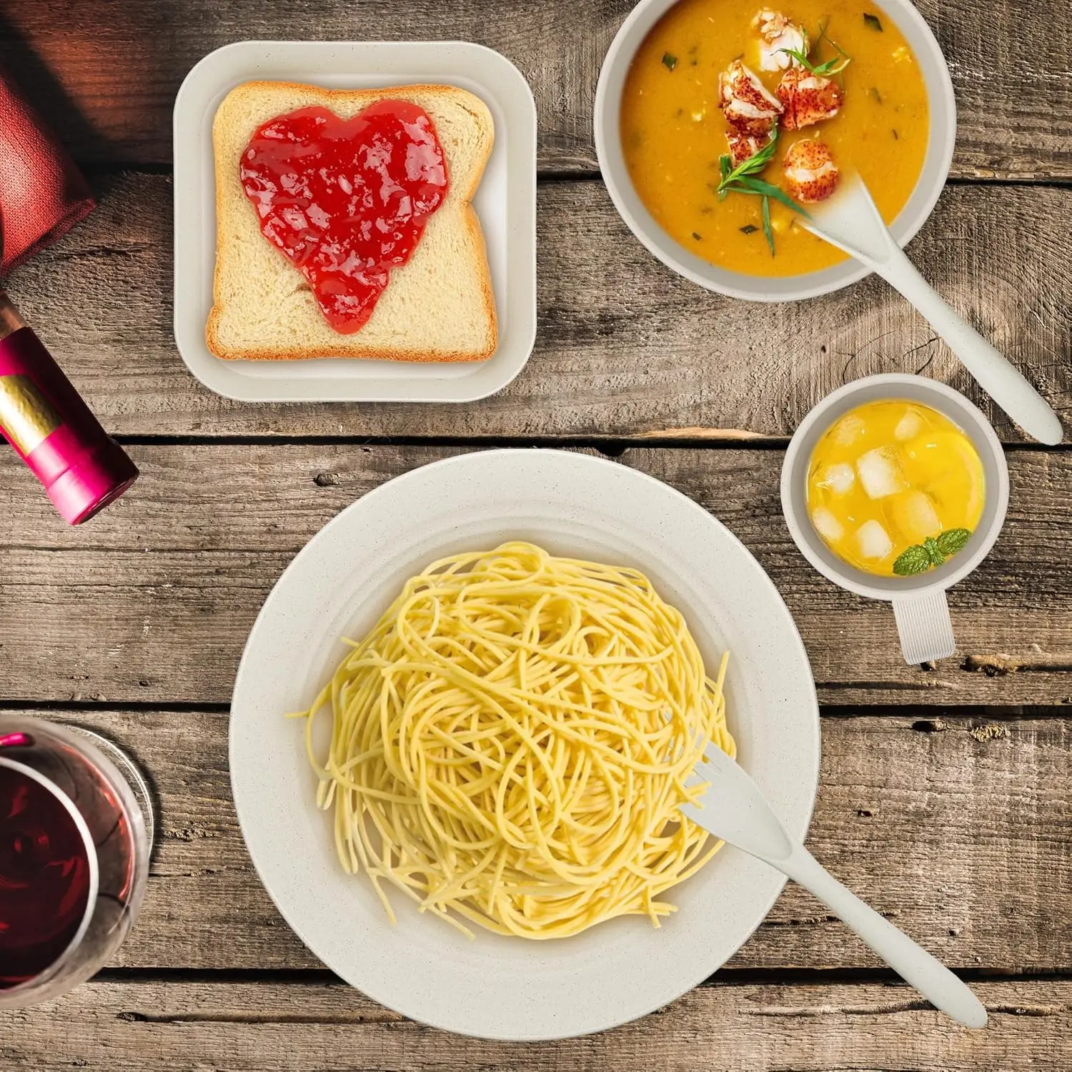 أطقم أواني طعام مكونة من 42 قطعة - أطباق وأوعية، أطقم أواني طعام من قش القمح غير قابلة للكسر، طقم أطباق آمن للاستخدام في الميكروويف