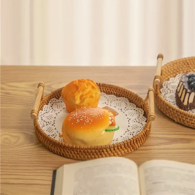 

Rattan Bread Storage Woven Round Tray Snacks Fruit Picnic Binaural Tray Living Room Table Storage Decoration Kitchen Organizer