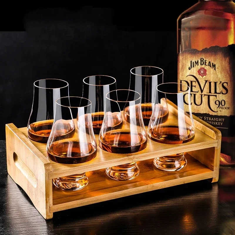 

6 Pcs Lead-free Crystal Whiskey glass with Wooden support for Liquor Scotch Bourbon