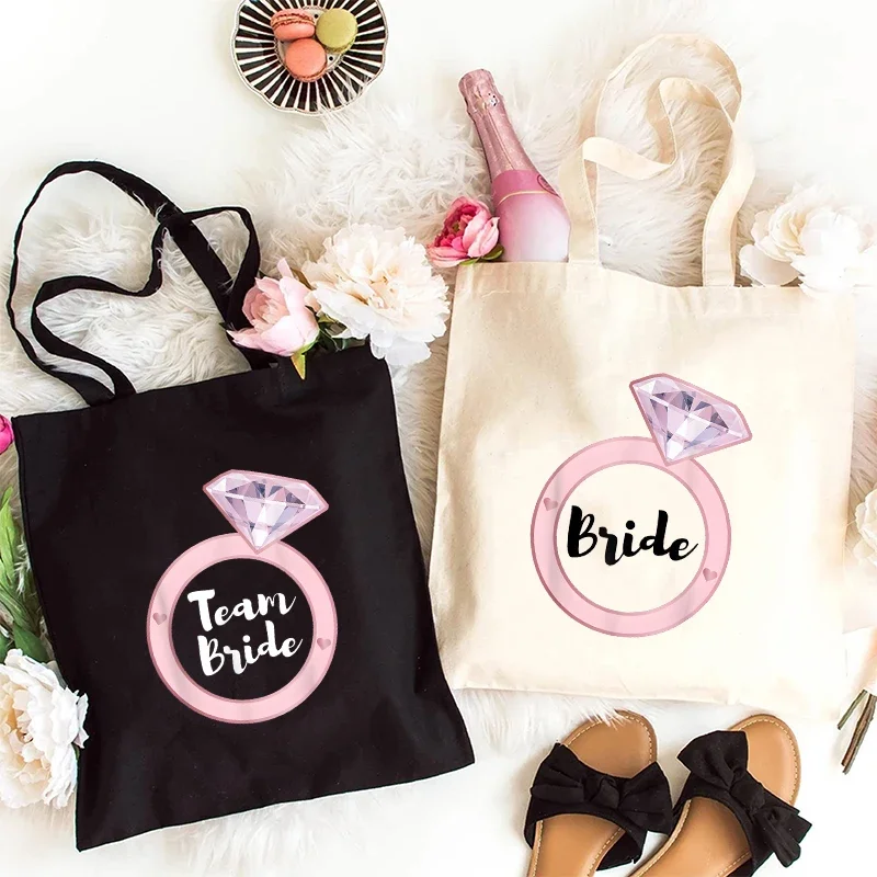 

Women Bachelorette Party Tote Bag Canvas Large Capacity Diamond Ring Team Bride Handbag Girl Bridal Shower Wedding Shoulder Bag