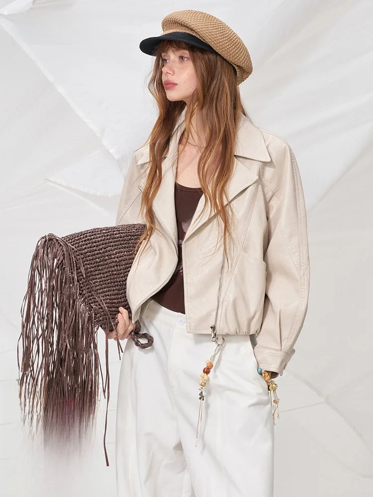 

Paris Gallery Short Flip-Collar Leather Jacket Women's Korean Style Small Size Outerwear Youth Regular Sleeve Long Coat