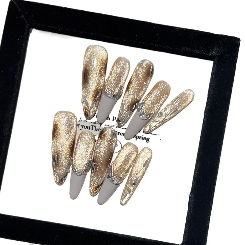 

Усовершенствованная атмосфера, ношение дизайна ногтей, длинный японский янтарь, леопардовый принт, кошачий глаз, циркон, измельченный бриллиантовый дизайн ногтей