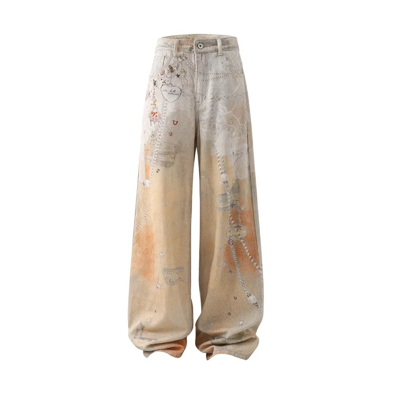 Digital Print Straight Men Jeans Contrast Color Male Denim Jeans Spring Summer New Stylish Baggy Menwear High Street Tide