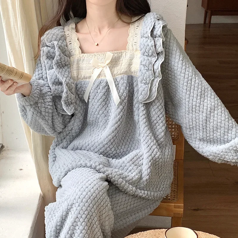 Winter Coral Fleece Pajamas Set Thicken Flannel Female Sleepwear Coral Fleece Loungewear Trouser Suits Pijamas Sweet Homewear 5