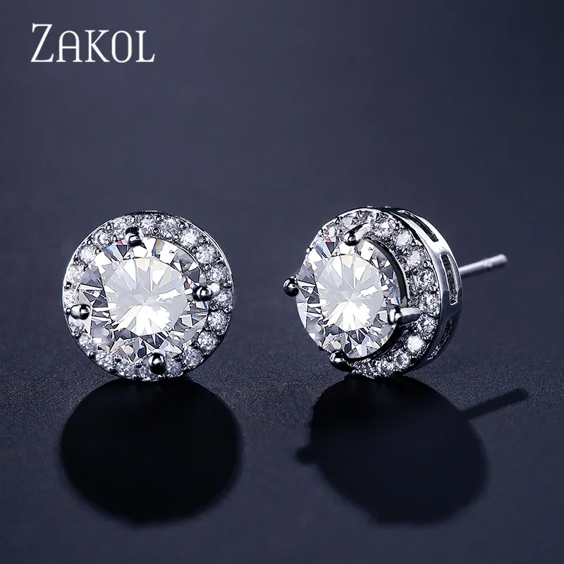 ZAKOL Elicate Small Round Stud Earrings Women with Shiny Cubic Zirconia Simple Versatile Accessories for Teens Fashion Jewelry