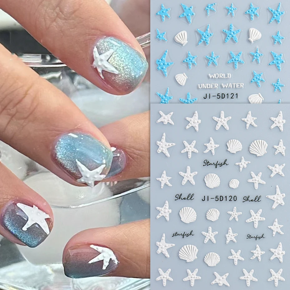 Summer Starfish 5D Embossed Nails Stickers Ocean Sea Shells Blue White Relief Marine Sea Stars Design Manicure Ornaments #JI-5D