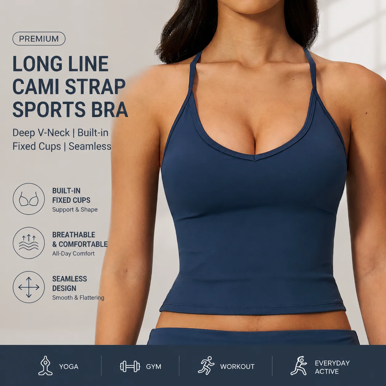 Premium Women's Cami Strap Deep V-Neck Longline Sports Bra with Built-in Fixed Cups Seamless Workout Crop Tank Top Yoga Gym Acti