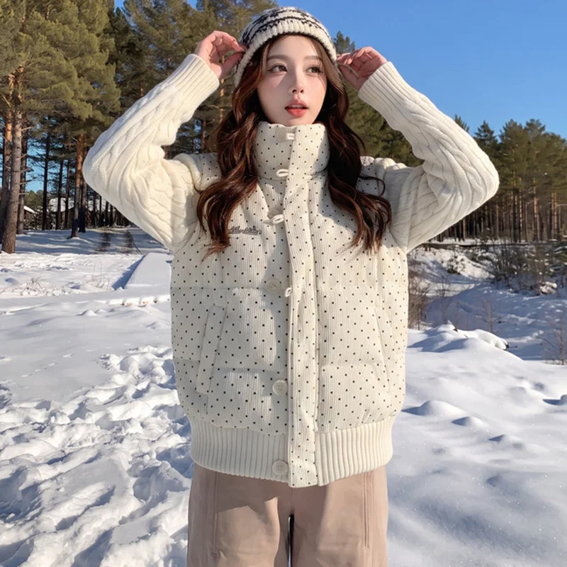 2026 New Ladies Polka Dot Vest Parka Stand Collar Corduroy Spliced Knit Sleeve Women Sweet Winter Warm Padded Coat Outer Garment