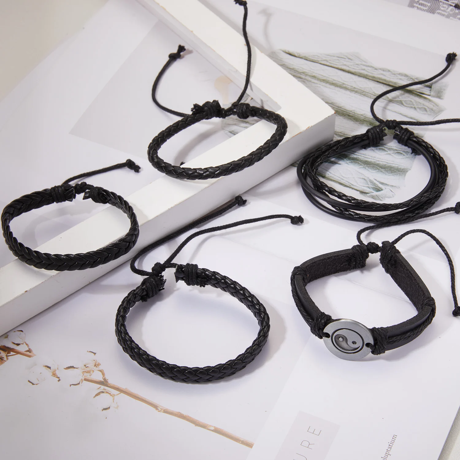 4Pcs/Set Braided Wrap Leather Bracelet for Men Women Vintage Yin Yang Infinity Wood Beads Charm Bracelets Male Wristband Jewelry
