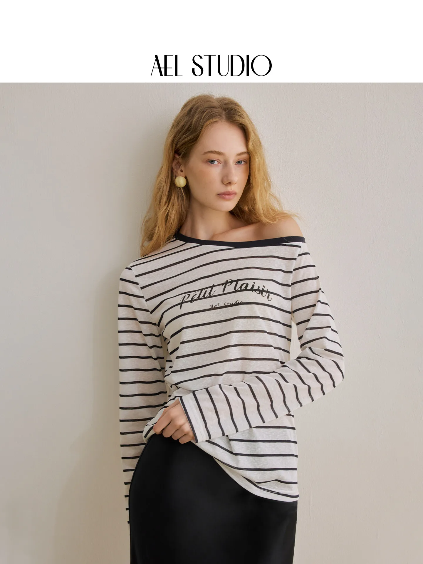 AEL Original Seaside Vacation Schräg Geschnittenes Gestreiftes Langarm-T-Shirt für Damen, Sommer 2026 Neu, Dünne Tencel-Bluse – Detail 5