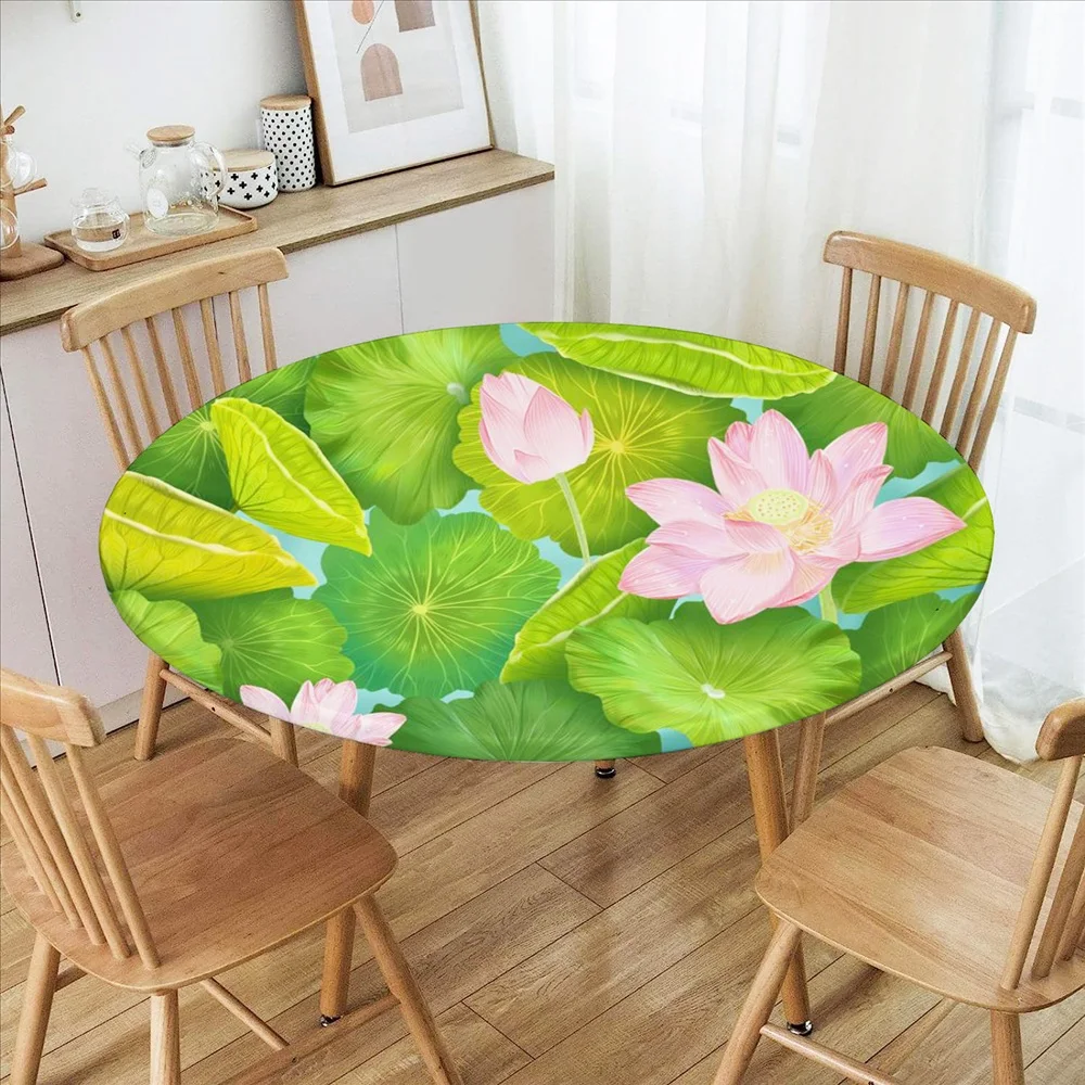 New Flower Round Tablecloth Waterproof Elastic Edged Round Fitted Table Cover for Indoor Outdoor Dinning Desk Decor