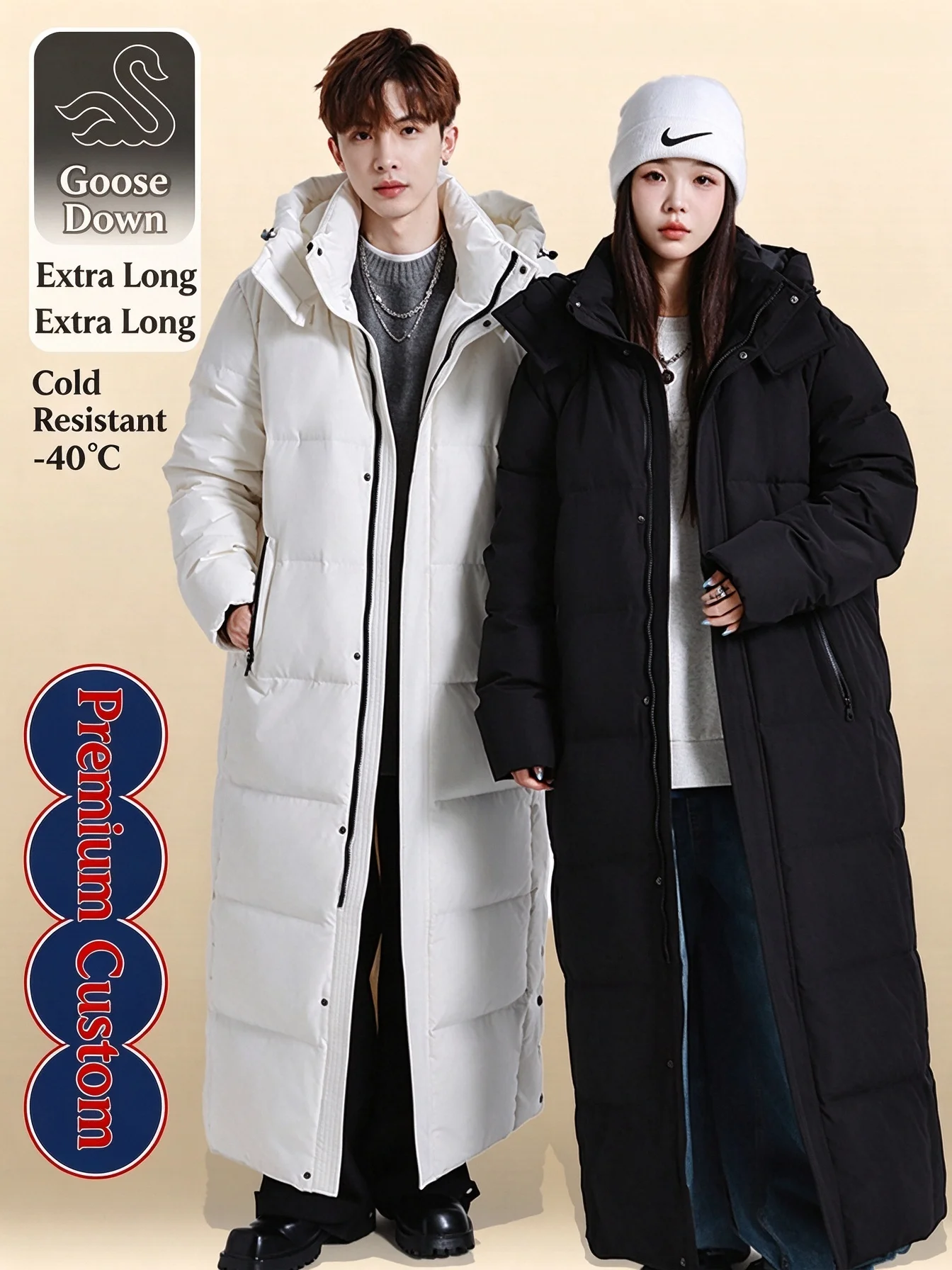White goose down winter coat custom-made young men and women Long and extra-long workwear