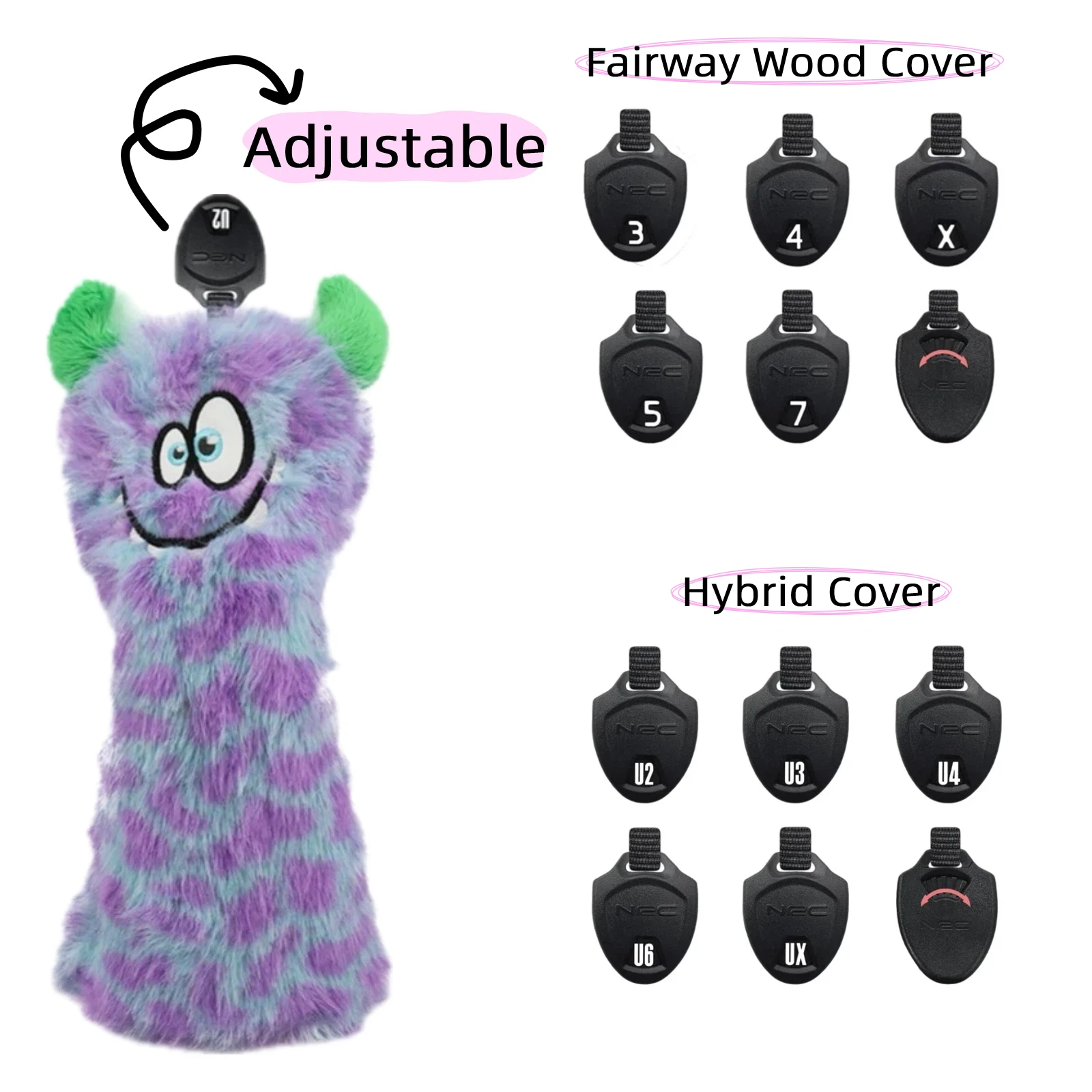 Golf Head Cover for Driver Fairway Wood Hybrid Putter Blade Club Headcover Soft Plush Monster Pattern with Adjustable Tag - view 6