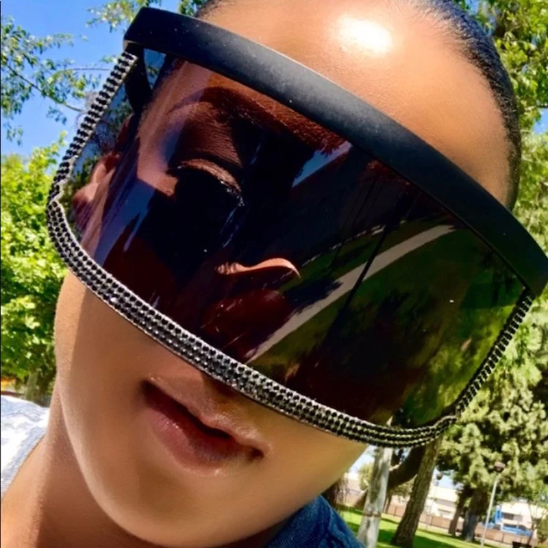 Trendy Diamond Oversized Shield Visor Sunglasses Women Flat Top Mask Mirrored Shades Men Windproof Eyewear Gafas De Sol