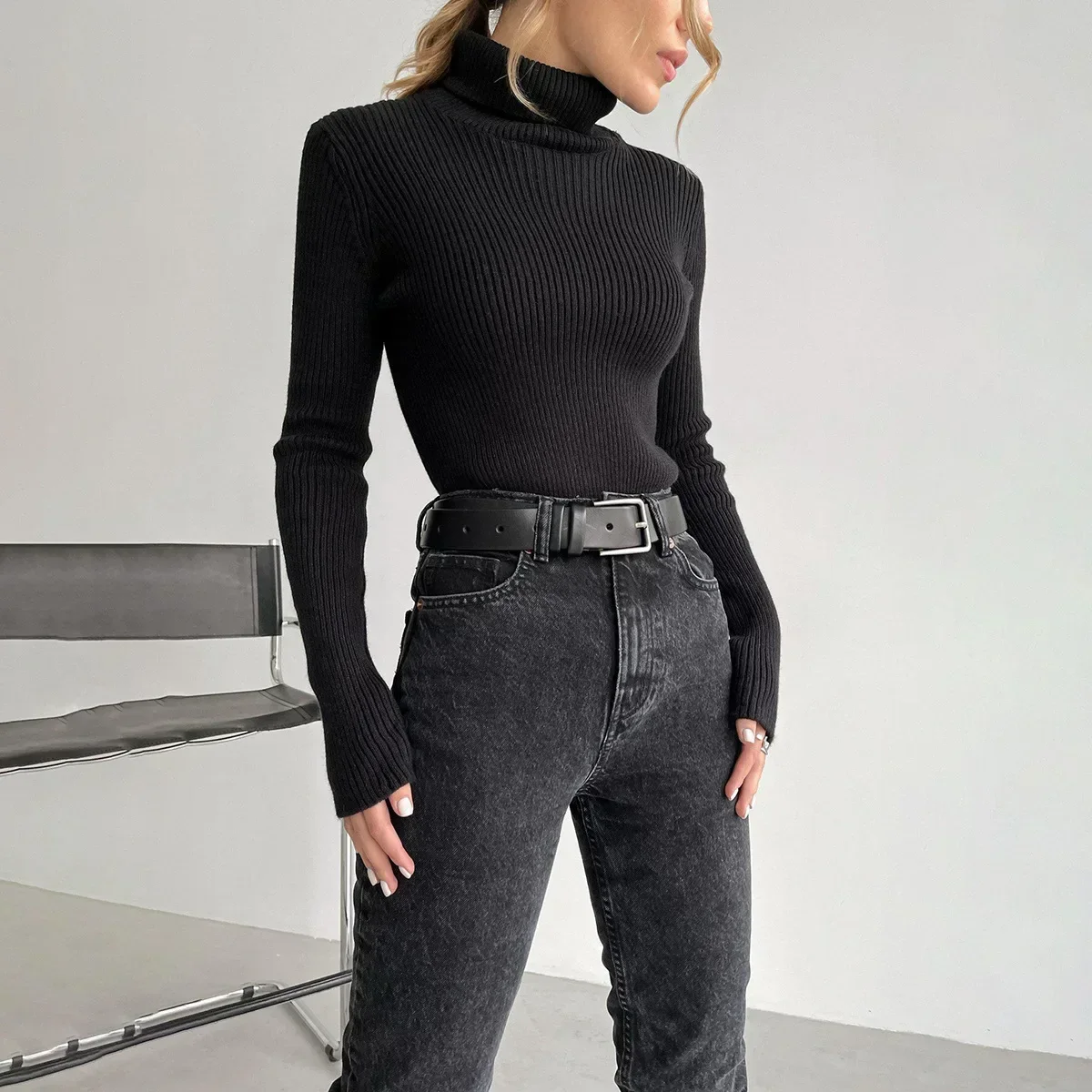 Women Sweaters Long Sleeve Turtleneck Knitted Pullovers Jumpers Sheath Jumpers Slight Strech Striped High Street Slim Elegant