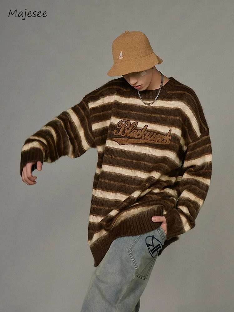 

Striped Sweaters Men Autumn Slouchy American Retro Males Knitwear High Street All-match Baggy Youthful Popular Pullovers Daily