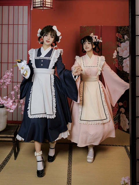 Cosplay Lolita Kimono Style Long Maid Outfit With Large Bow Lolita Spring Girl Sweet Dress Japanese