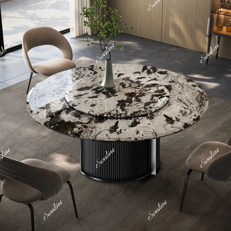 

Light luxury natural marble round dining table high-end villa FT