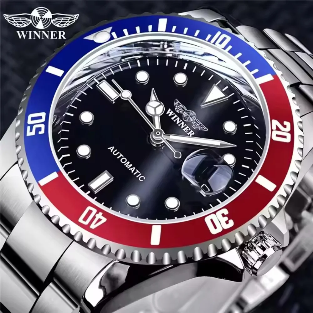 Hot-Selling Popular Red and Blue Cola Ring Luxury Men's Mechanical Watch with Automatic Movement, Precise Timekeeping, Waterproof, Luminous, Skeleton Design, High-End Business Casual Steel Band Men's Wristwatch, European and American Style, Versatile Design, Perfect for Holidays, Gift for Boyfriend or Elders, High-Quality Light Luxury Versatile Men's Mechanical Wristwatch
