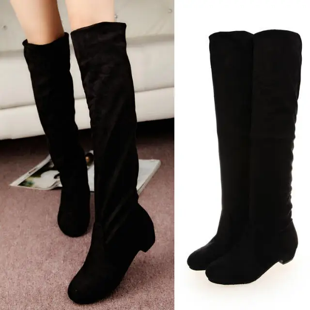 plus Size Autumn Winter Women's Long Boots High Tube Elastic Fleece Boot Korean Style Fashion Boots Flat Heel Rubber Outsole