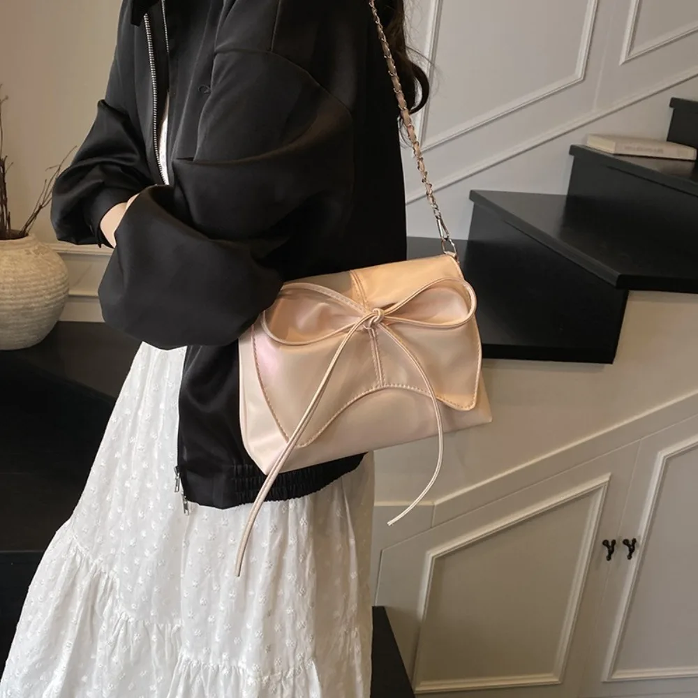 

Fashionable Bow Tie Design Pu Leather Shoulder Bag Chain Luxury Crossbody Bag Sweet Casual Women's Commuting Bag Ladies