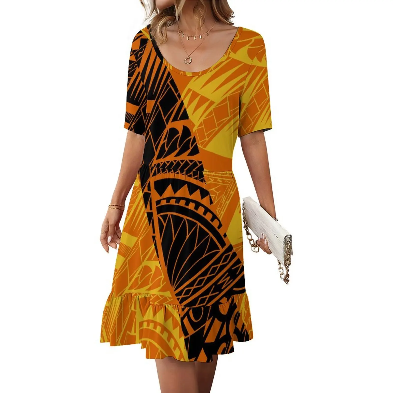 فستان نسائي فضفاض غير رسمي ومريح برقبة دائرية وأكمام قصيرة من القماش الناعم مكشكش مصنوع خصيصًا للبولينيزيا