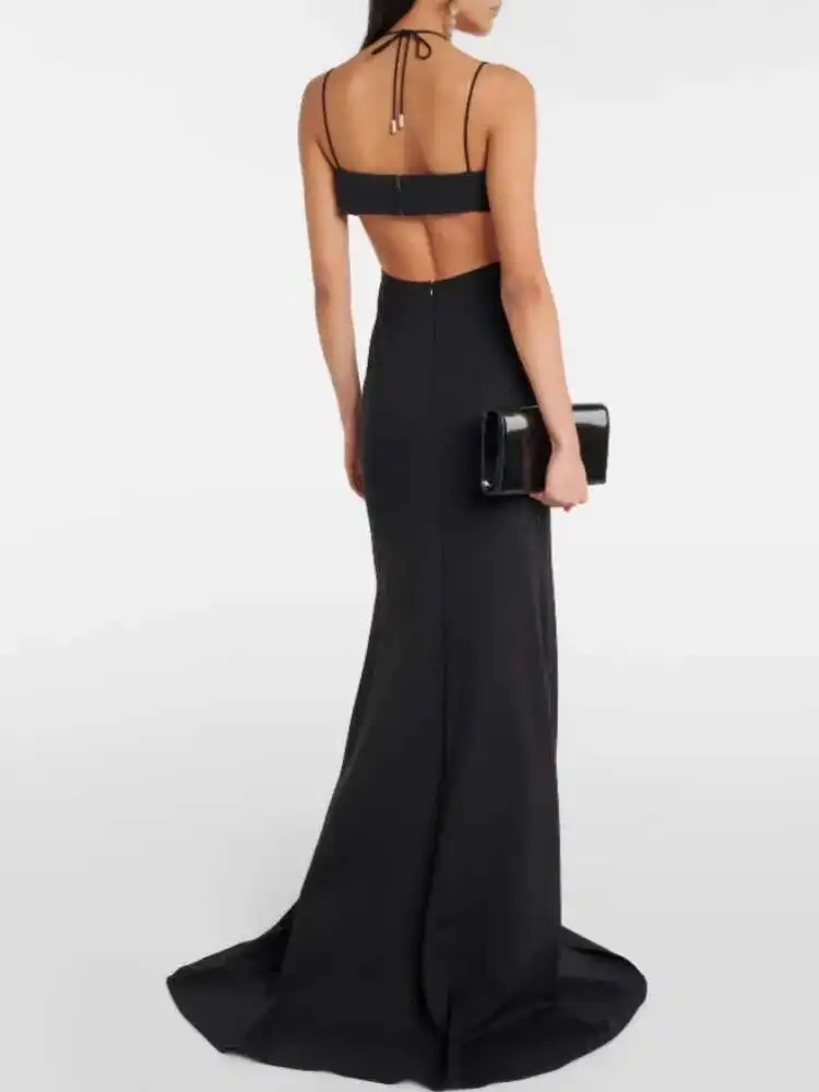 LEOSOXS 2025 女性セレブセクシーなノースリーブキラキラダイヤモンドカットアウトマキシロングブラックドレスエレガントなイブニングクラブパーティー衣装