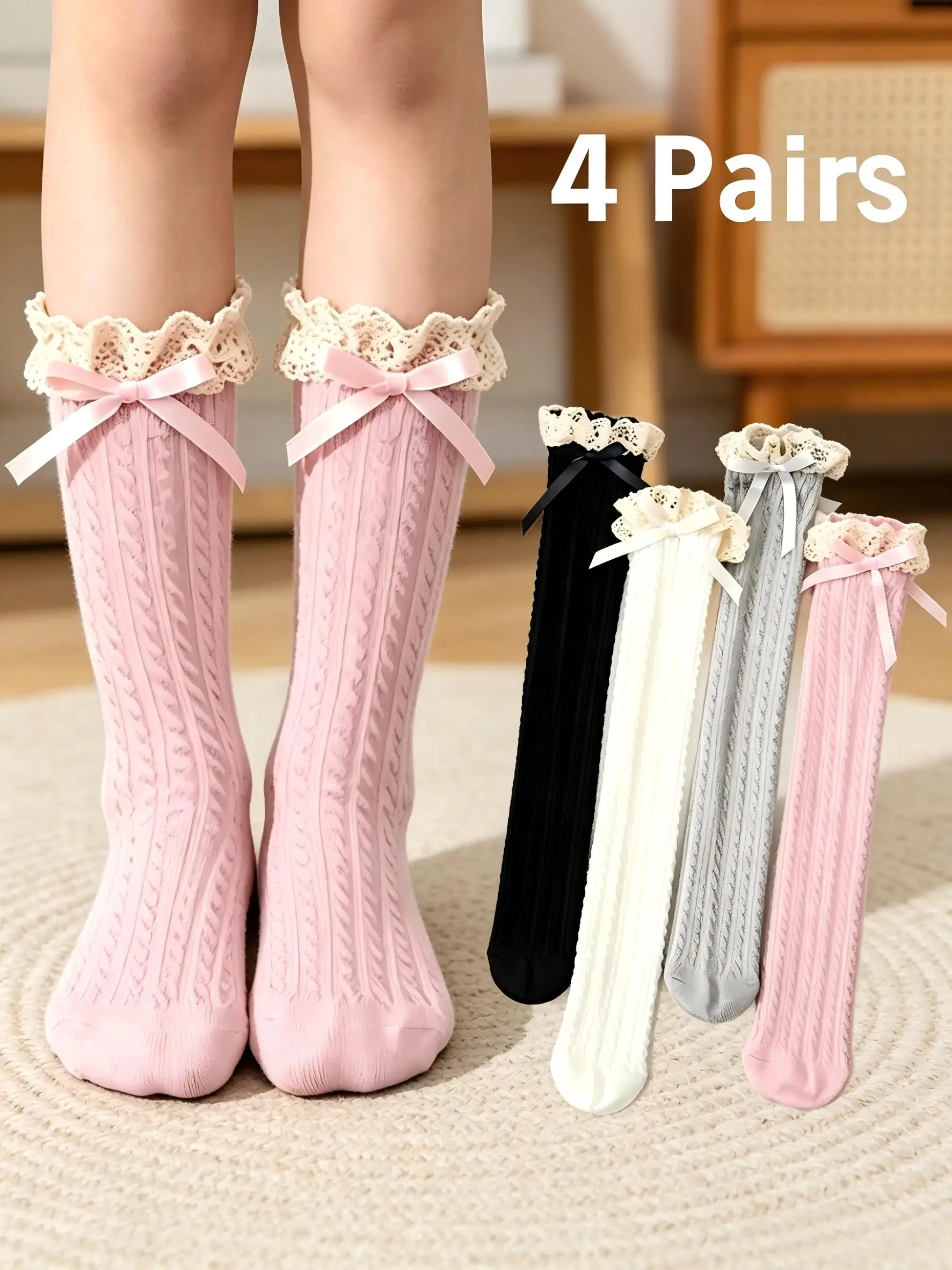 4Pairs Toddler Girls Knee High Socks 3-8Y Lace Ruffle Bow Decor Hollow Out Knit Cotton Socks for Kids Casual School Daily Wear