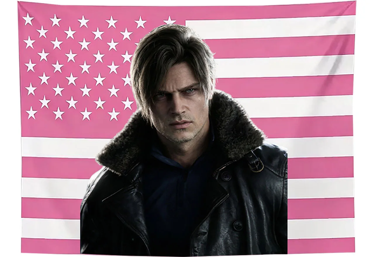 Leon S. Kennedy Wandteppich mit rosa USA-Flagge, Resident Evil Charakter Wandbehang für Schlafzimmer und Studentenwohnheim, Horror-Spiel-Fan-Dekoration