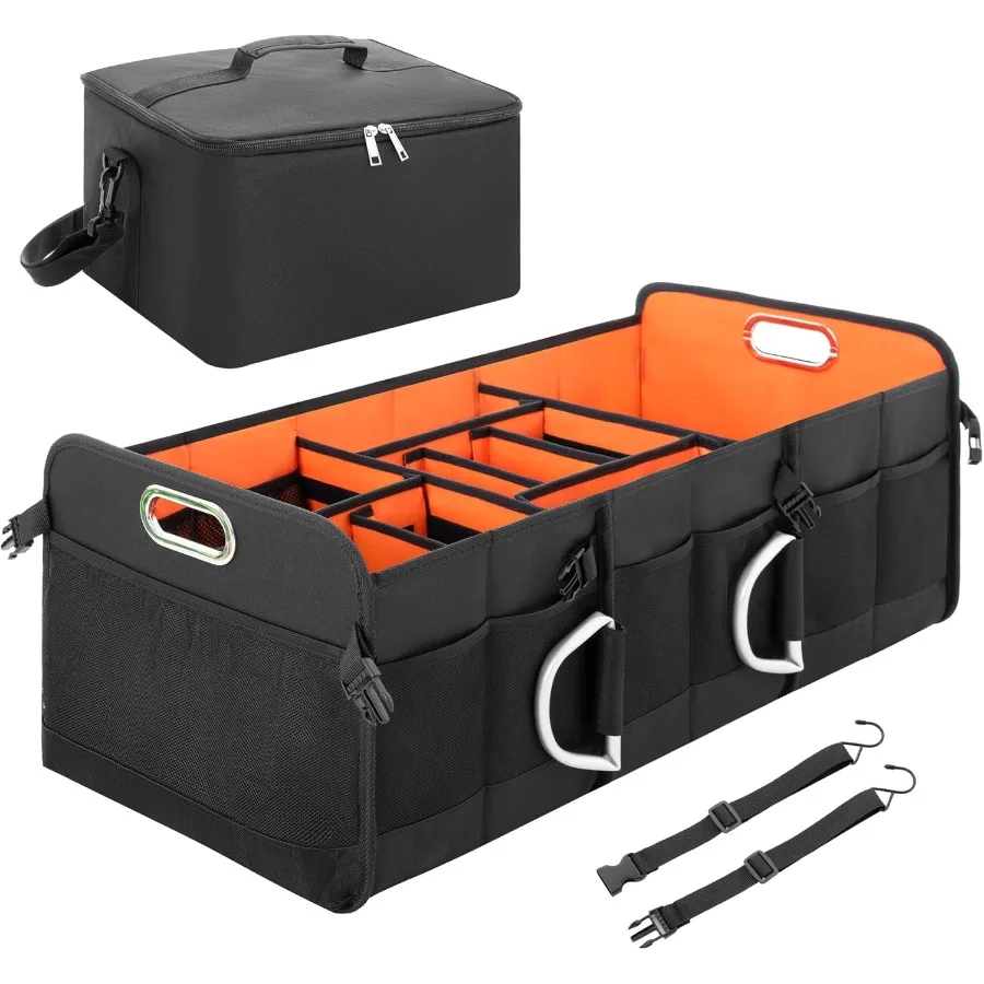 

Trunk Organizer for SUV MultiCompartment Car Trunk Organizer Car Organizer and storage with Aluminum Alloy Handle Large Black a