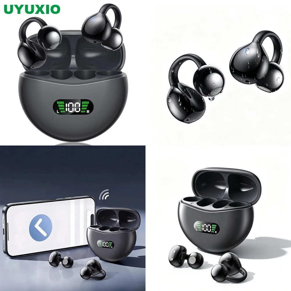 Travel Wireless Clip On Earbuds Earphones 42H Playtime and Auto Pairing with Type C Fast Charging Case for Running Gym Workout